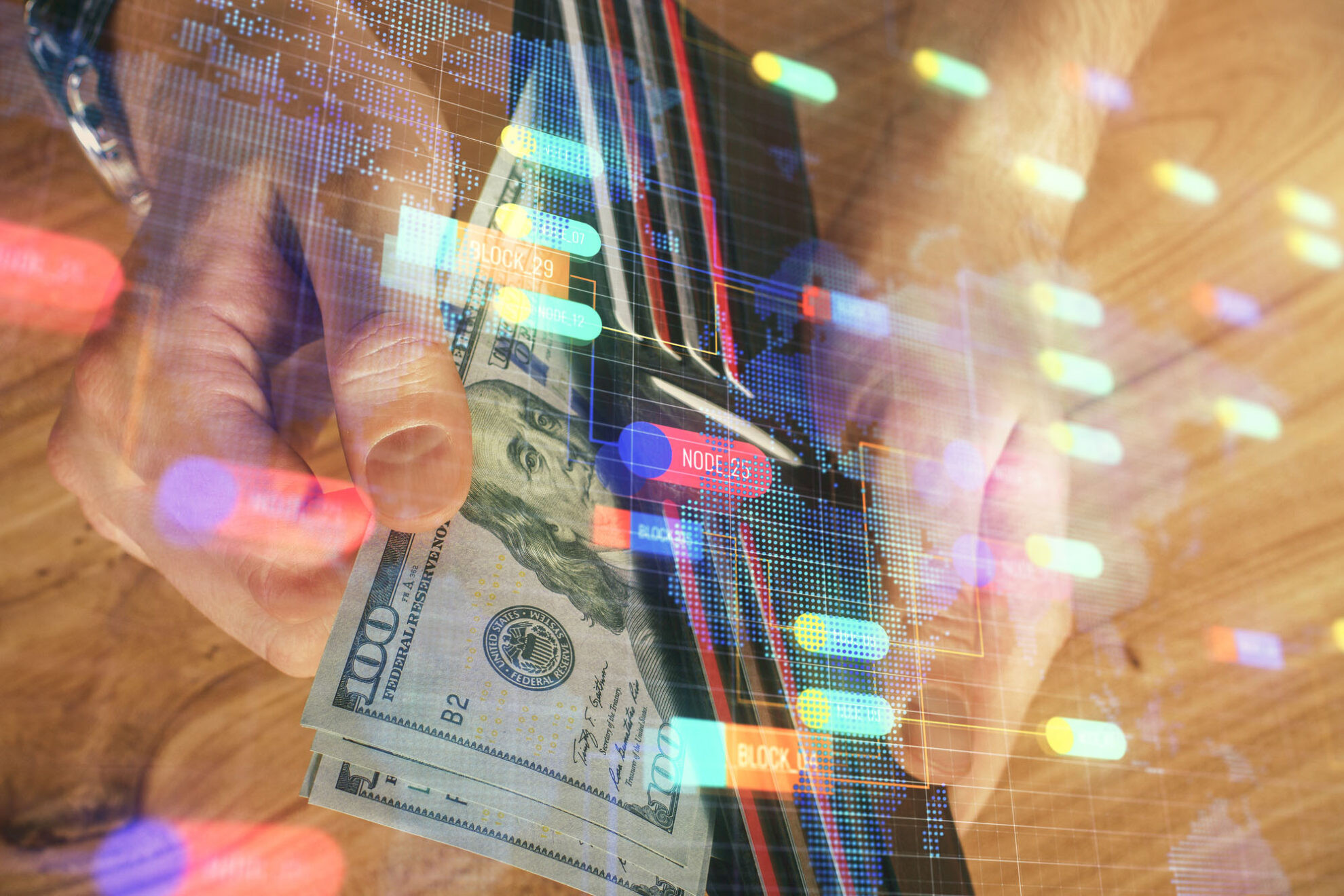 Double exposure of technology drawing hologram and us dollars bills and man hands. Data concept Double exposure of technology drawing hologram and us dollars bills and man hands. Data concept